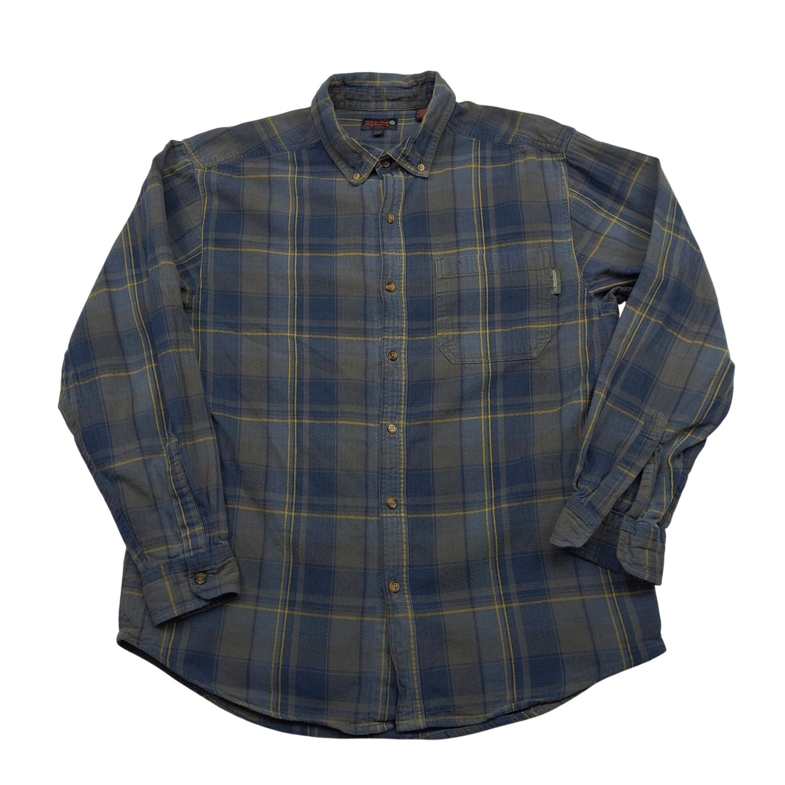 Wolverine Men Plaid Flannel Button Down Shirt Blue Grey Yellow Large 100% Cotton